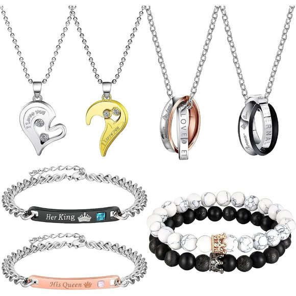 8 Pieces Couples Necklace Bracelet Matching Bracelets Set for Women Men,… - Picture 1 of 3